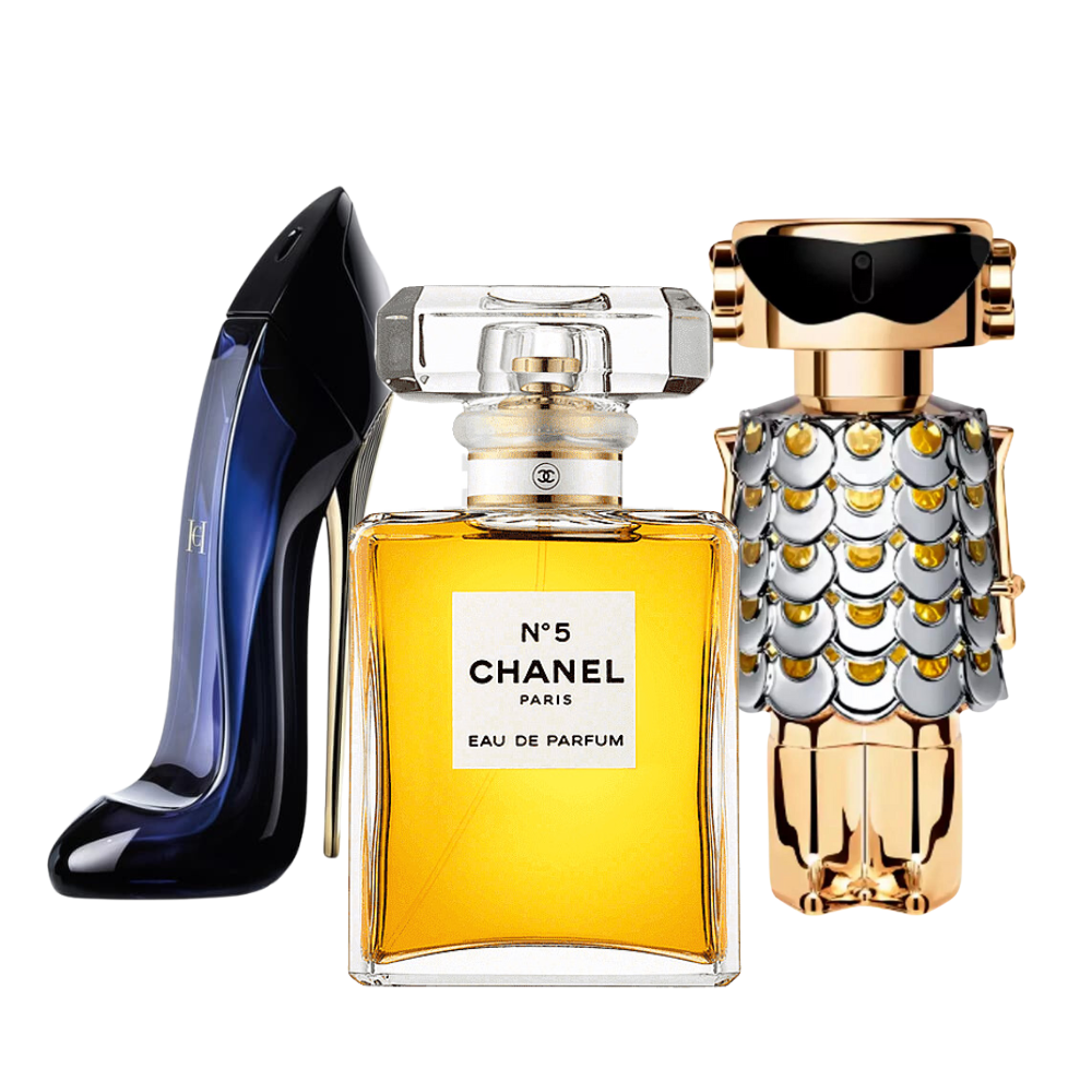 3 Parfums Carolina Herrera GOOD GIRL, Chanel Nº5 et Paco Rabanne FAME 100ml (Eau de Parfum) Pour femmes